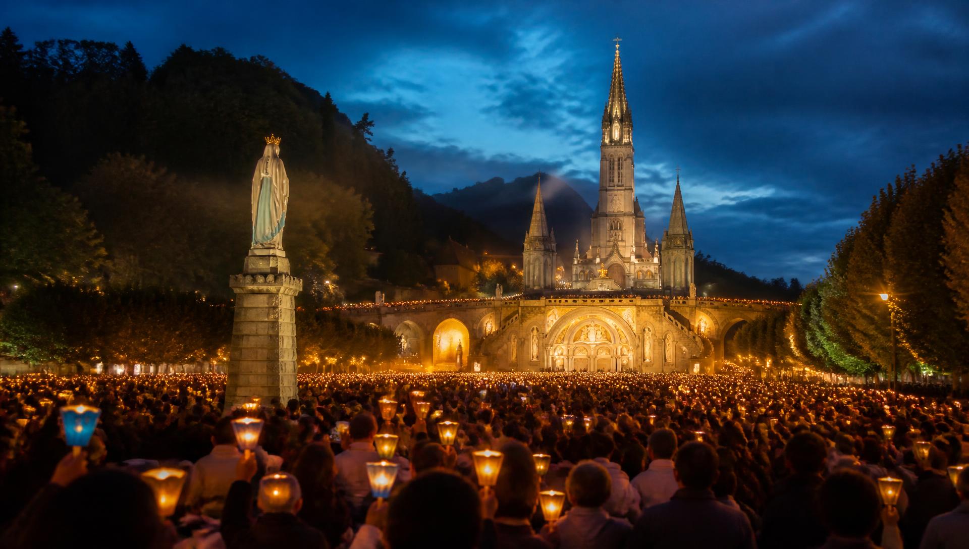 Candlelight torchlight procession before the Rosary Basilica at Lourdes at dusk